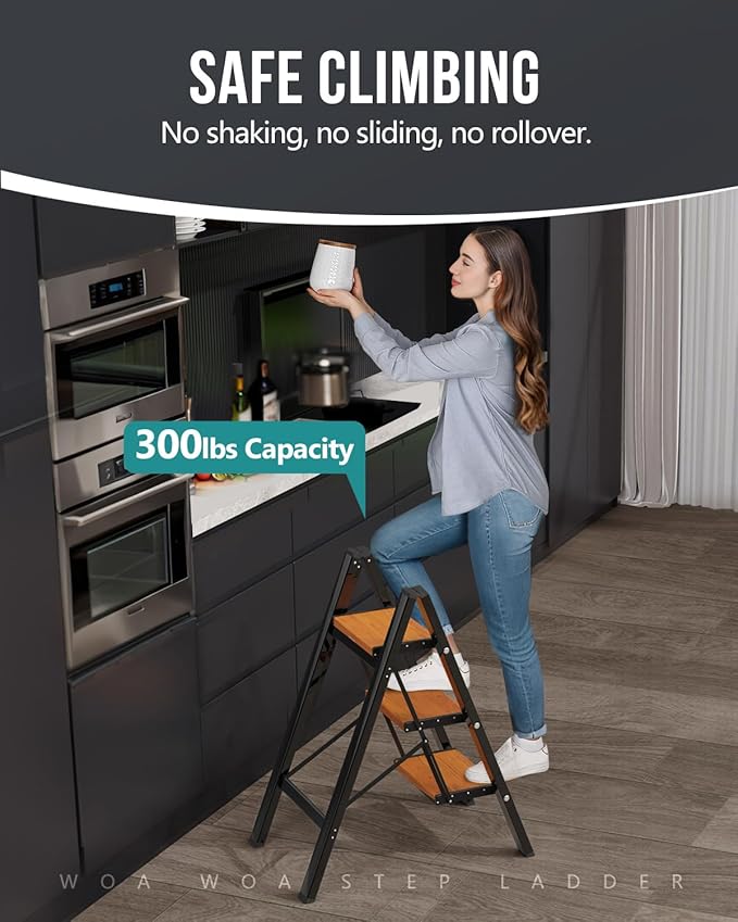 WOA WOA Step Ladder with Widened Pedals, Folding Step Stool with Anti-Slip Feet, Portable Home Ladder for Adults, Kitchen Small Stepladder 300 lbs Capacity (3 Step, Black & Wood Grain)