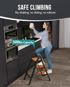 WOA WOA Step Ladder with Widened Pedals, Folding Step Stool with Anti-Slip Feet, Portable Home Ladder for Adults, Kitchen Small Stepladder 300 lbs Capacity (3 Step, Black & Wood Grain)