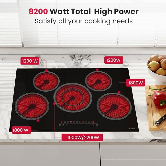 GASLAND 30 Inch Electric Cooktop 5 Burners, 8200W Built-in Radiant Glass Stove Top, 220-240V Electric Ceramic Cooktop with 9 Power Levels, Slide Touch Control, Child Safety Lock &Timer, Hard Wire