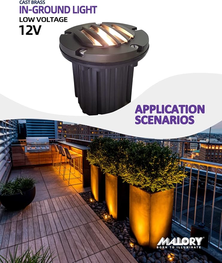 MALORY Brass Top Cover Landscape Well Lights, (5''H) 12V Low Voltage Outdoor In Ground Lights,Landscape Lighting for Pathway, Driveway and Garden 4 Pack with MR16 Bulb (Grated Top, 4-Pack with Bulb)