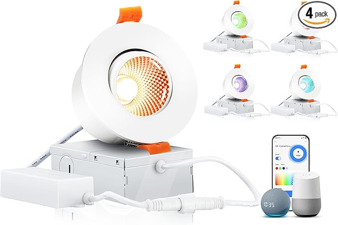 CLOUDY BAY 3inch Eyeball Smart LED Recessed Lights,Color Changing Recessed Lighting,Compatible with Alexa and Google Home Assistant,Pack of 4