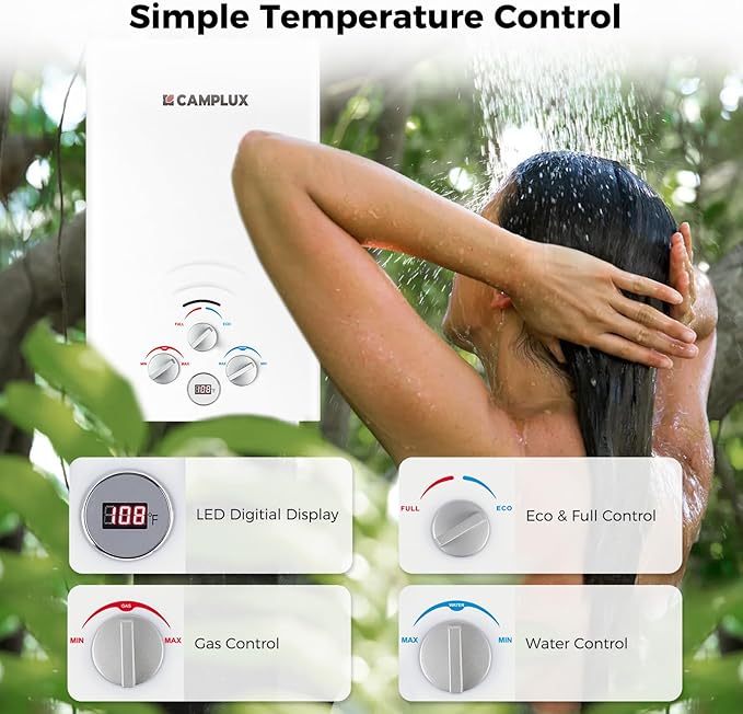 CAMPLUX Propane Water Heater, 2.11GPM Portable Water Heater for Camping, 55,000 BTU Portable Hot Water Heater Outdoor, BW211, White