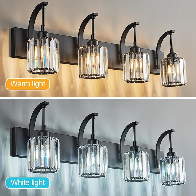 4-Light Crystal Vanity Light, Modern Black Bathroom Wall Sconce with K9 Crystal Shades, 32.67" Long Over Mirror Lighting for Vanity, Makeup, Hallway, Elegant & Easy Install