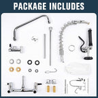 Commercial Faucet with Sprayer, 25 Inch Height Commercial Sink Faucet Wall Mount with 8" Adjustable Center and 12" Add-on Swing Spout & Pull Down Pre Rinse Sprayer