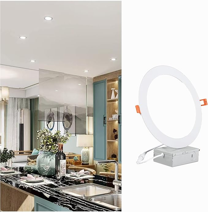 8 Inch LED Recessed Light with Junction Box, 1Pack Ultra Thin LED Recessed Lighting.6000K Daylight, No Dimmable,18W 8" Recessed Ceiling Canless Wafer Downlight.Slim Can-Killer Lights,CRI80+