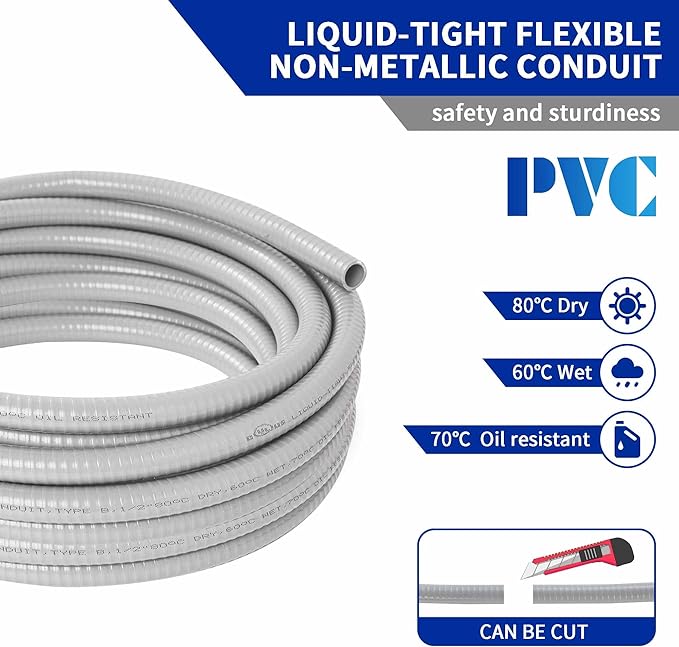 (1/2" Dia * 50 Feet) Yariwiz Flexible Electrical Conduit Liquid Tight PVC Conduit Kit with 5 PCS Coupling, 3 PCS Elbow and 10 PCS Strap, Sealtight Seal Flex Liquidtight Wire Outdoor Non Metallic Grey