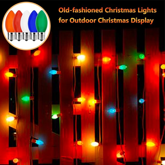 C9 Multicolor Christmas Light Bulbs, 25 Pack C9 Ceramic Color Replacement Bulbs Vintage Incandescent Light Bulbs for Christmas String Lights Outdoor Holiday Decor, E17/C9 Intermediate Base, 7 Watts