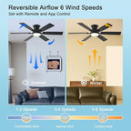 52inch Low Profile Ceiling Fan with Light and Remote/APP Control, LED Dimmable DC ReversibleModern, Flush Mount,6 Blade,Black Ceiling Fan for Bedroom Living Room/Outdoor Use