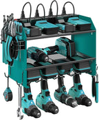 CCCEI Modular Power Tool Organizer Wall Mount with Charging Station. Garage 4 Drill Storage Shelf with Hooks, Drill Bit Heavy Duty Rack, Navy Blue Tool Battery Holder Built in 8 Outlet Power Strip.