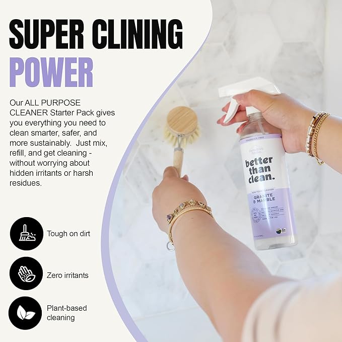 Better Than Clean™ Marble & Granite Cleaner Starter Pack – Natural Stone Cleaner for Granite, Marble, Quartz, – Plant-Based, Fragrance Free, Non-Toxic – 8oz Concentrate + 16oz Empty Refillable Bottle