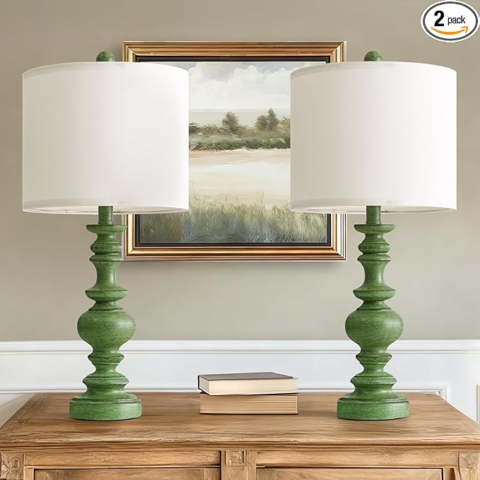 BOBOMOMO 24" Farmhouse Table Lamps Set of 2 – Sage Green Bedside Lamps with Linen Shades, Medium Traditional Lamps for Living Room, Bedroom, and Entryway, Vintage Lamp with Soft Natural Serenity
