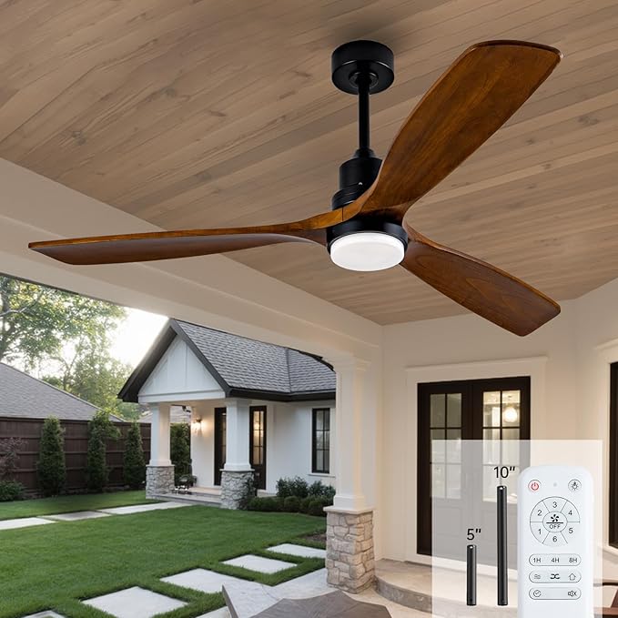 60 Inch Ceiling fans with Lights and Remote,Wood Outdoor Ceiling Fan for Patios with Dimmable LED Light,3 Blades Walnut,Noiseless Reversible DC Motor,Modern Memory Fan for Indoor,Farmhouse