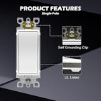 ThunderWay Single Pole Light Switch, Rocker Wall Light Switch, 15A 120/277V, Decorator On/Off Rocker Paddle Interrupter, UL Listed, White, 30 Pack