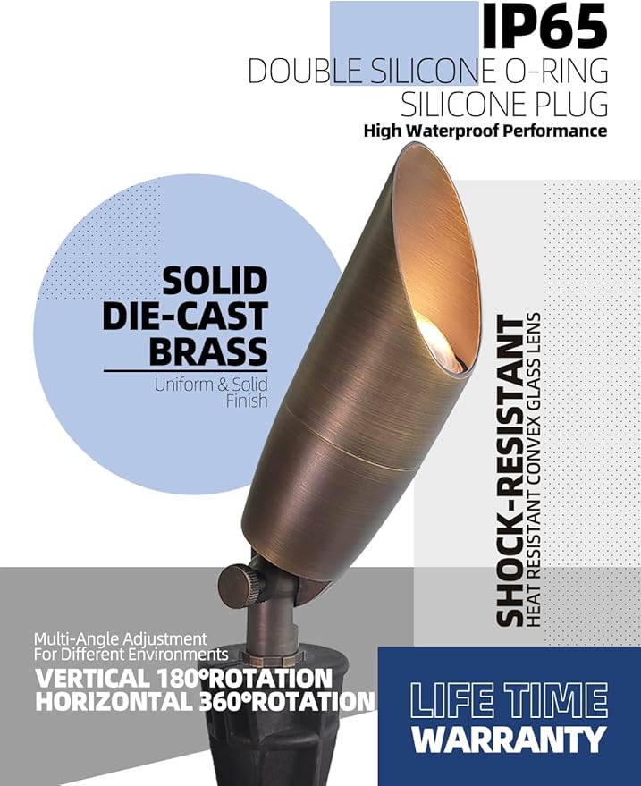 MALORY Solid Brass Landscape Spotlight 6-Pack with Bulb(S06), Low Voltage Front and Backyard Landscape Lighting with Large Rugged Slot Spike & Wire Connector,12V AC/DC Garden Patio Spot Up Light
