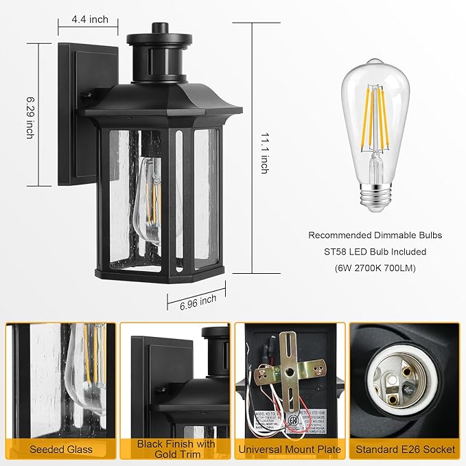 Motion Sensor Outdoor Wall Light, 3 Adjustable Lighting Modes Porch Lights, Dusk to Dawn Black Exterior Light Fixtures, Waterproof Outside Wall Lantern Sconce for House, Garage, Bulb Included