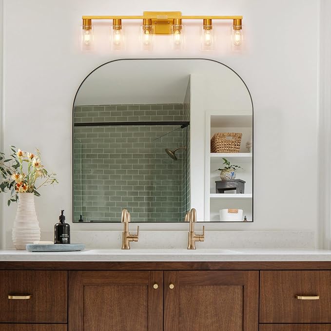 6 Light Bathroom Light Fixtures, Large Gold Bathroom Vanity Light with Clear Glass Shade, Brushed Brass Gold Bathroom Lighting Fixtures Over Mirror, Modern Wall Scones for Bedroom Living Room