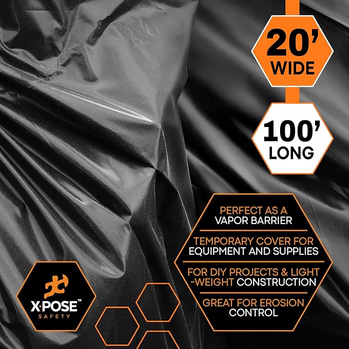 Xpose Safety Black Plastic Sheeting – 20' x 100' Roll – Heavy Duty 5.2 Mil Poly Sheet – Waterproof, Dustproof, Vapor Barrier – for Construction, Painting, Industrial Use