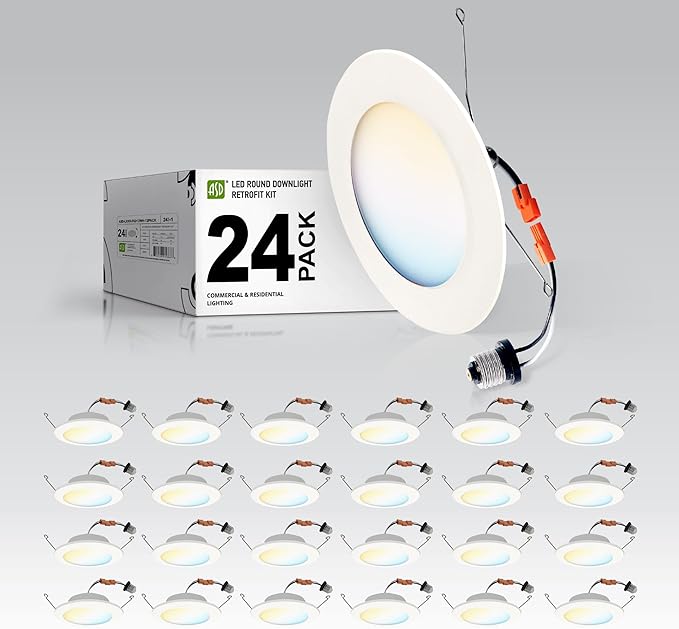 ASD Flat Trim Retrofit LED Recessed Lighting 6 Inch | Ultra Thin White 12W 1021LM Wet Rated Dimmable Downlights | 2700K-5000K Adjustable LED Recessed Light Fixtures | Disk Can Lights, ETL 24 Pack