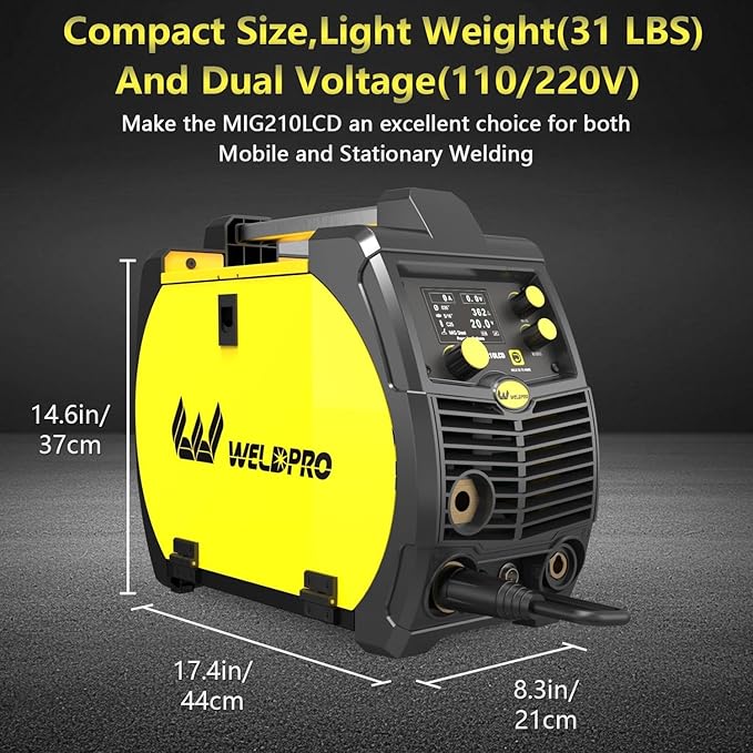 Weldpro 200 Amp MIG210LCD Dual Voltage 110V/220V 5 in 1 Multi-Process MIG/Fluxcore/Lift TIG/MMA Welder Aluminum Spool Gun Capable with Spot Timer and Auto-Set 3 Year Warranty Welding Machine