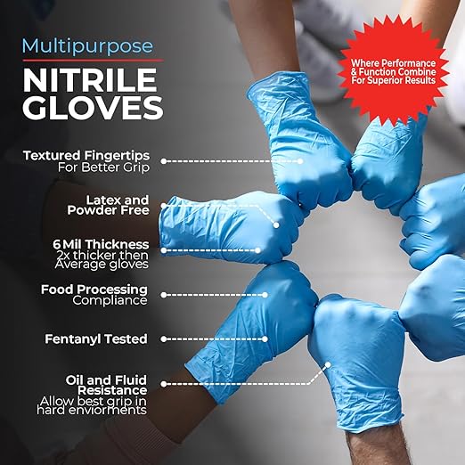 Heavy Duty 6 Mil Blue Nitrile Gloves Disposable Latex & Powder Free -Extra Stretchy Fentanyl Safe |Medical,First Aid Kit,EMT|Food Safe Rubber Gloves for Cooking & Cleaning|Bulk Pack (1000)