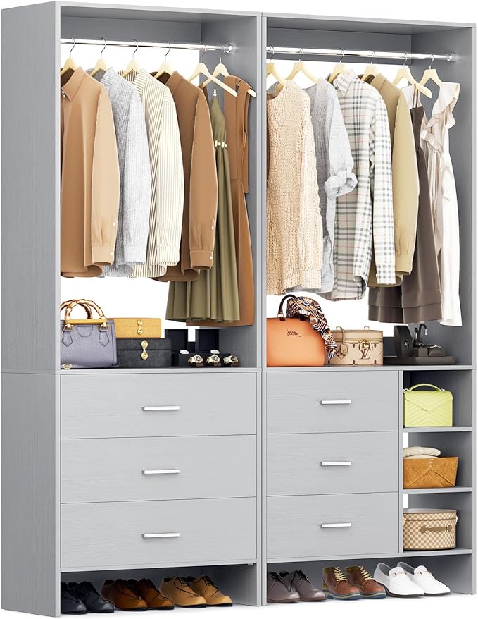Aheaplus Closet System with 6 Drawers, 4.5ft Wood Closet Organizer System, Walk-in Closet or Small Closets Wardrobe, Clothes Rack with Hanging Rods, Set of 2 Grey