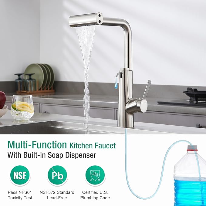 CREA Waterfall Kitchen Faucets with Soap Dispenser Built-in,4 Modes Bar Sink Faucet with Pull Down Sprayer,Single Handle 1 Hole Utility Faucet for Laundry Brushed Nickel Stainless Steel