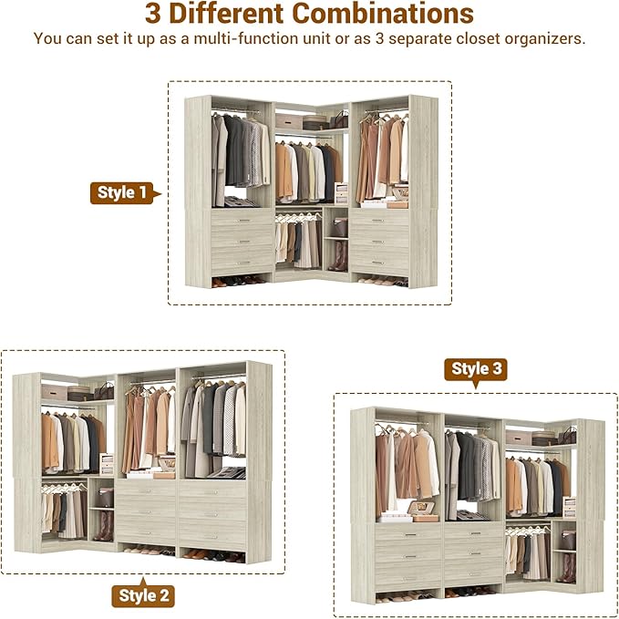 Aheaplus Closet System with 6 Drawers, 4 Hanging Rods & Corner Tower, Corner Closet System with Hanging,80.9" L-Shaped Walk-In Wardrobe Organizer, 2000+ lbs Capacity, Set of 3, White Oak