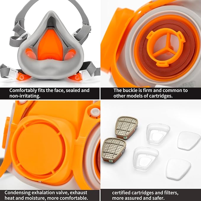 RANKSING Respirator Mask with Filters and Glasses to Against Dust Gases Fumes in Painting Spraying Sanding Orange/Pink
