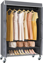 VIPEK R3C Rolling Clothes Rack with Cover Portable Closet for Hanging Clothes, Heavy Duty Garment Rack Clothing Racks with Wheels& Hanging Rod, Black Racks with Grey Upgraded Polyester Cover