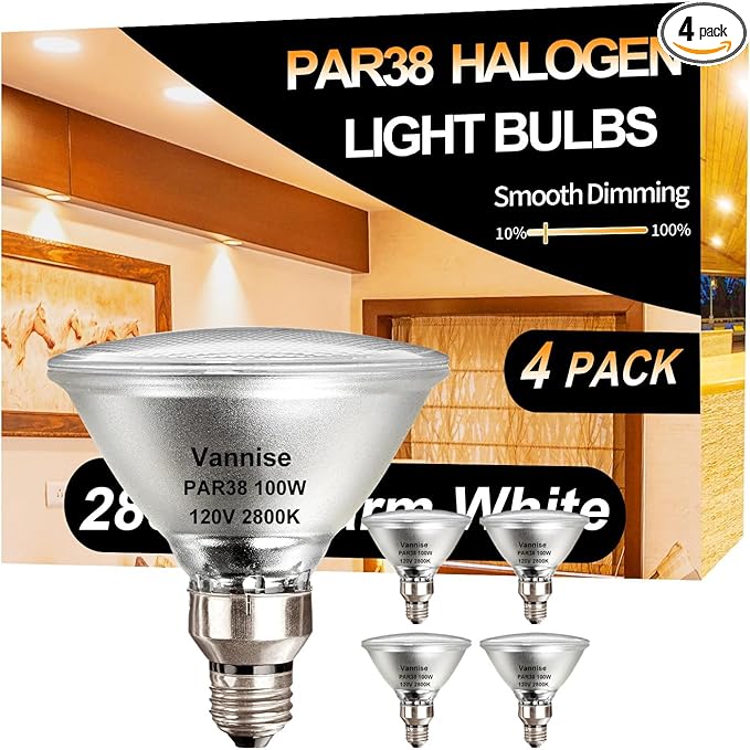 4pcs High Output 1800LM PAR38 Flood Light Bulbs, 100W Dimmable Warm White 2800K, E26 Base, Long Lasting Halogen Outdoor Flood Lights
