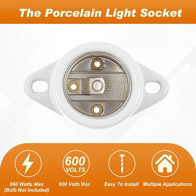 2 Pcs E26 Light Socket Porcelain Lamp Holder Socket Medium Keyless Threaded Base with Two Hole Flange Mounting and 6" Wire Indoor Garage Closet Lighting