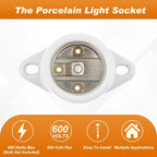 2 Pcs E26 Light Socket Porcelain Lamp Holder Socket Medium Keyless Threaded Base with Two Hole Flange Mounting and 6" Wire Indoor Garage Closet Lighting