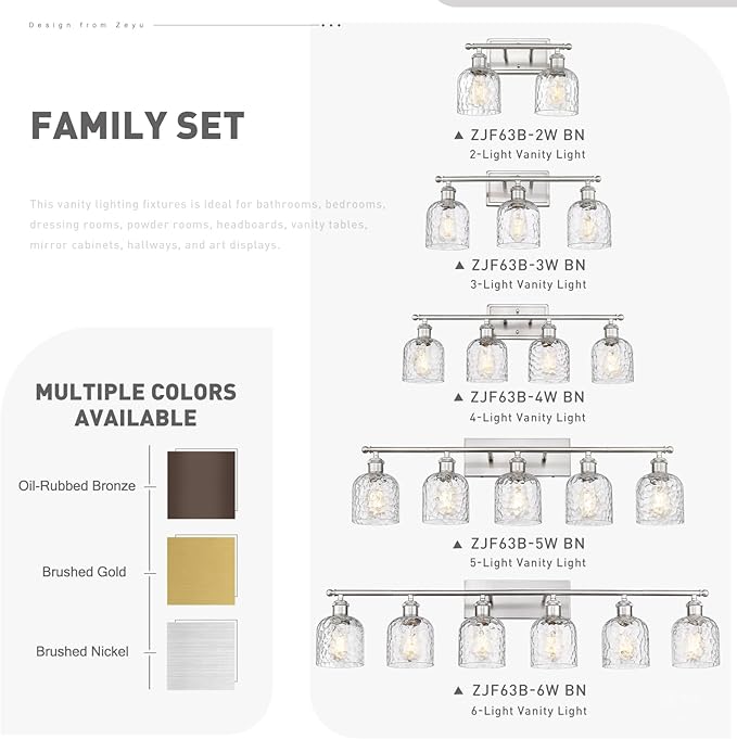 zeyu Modern Brushed Nickel Bathroom Lights Fixture, 35 Inch 5 Light Vanity Lighting Over Mirror, Brushed Nickel Finish with Clear Hammered Glass, ZJF63B-5W BN