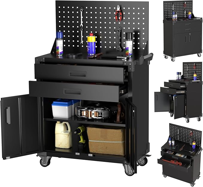 Tool Cart with Wheels and 2 Drawers, Metal Garage Storage Cabinet with Lockable Doors, Pegboard and 4 Hooks for Garage, Workshop, Tool Chest, Heavy Duty Work Bench, Black, Assembly Required