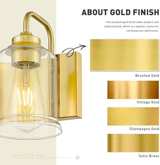 zeyu 21 Inch Gold Bathroom Light Fixtures, 3 Light Bathroom Vanity Light, Modern Vanity Light with Clear Glass Shade, Brushed Gold Finish, ZSL72B-3W BG