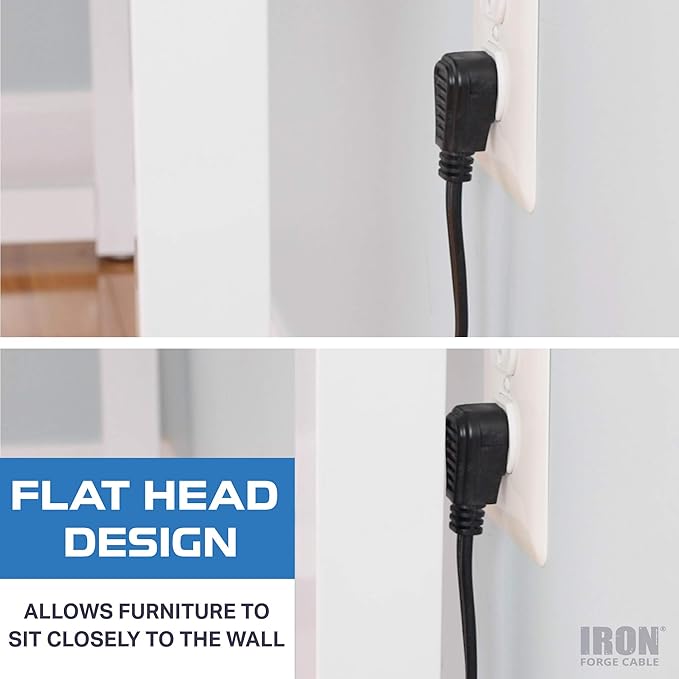 Iron Forge Cable 8 ft Flat Plug Black Extension Cord with 3 Outlets - 16/3 SJTW 3 Prong Indoor Extension Cord with Multiple Outlets