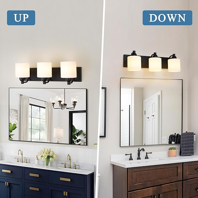 Milk Glass Vanity Lights for Bathroom, 3 Light Matte Black Bathroom Light Fixtures Over Mirror, Ceramic E26 Sockets Wall Mounted