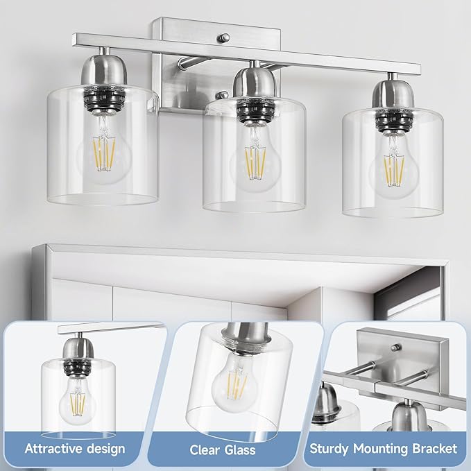 Modern Brushed Nickel 3 Light 19 inch Vanity Lights for Bathroom with Clear Glass, Bathroom Lighting Fixtures Over Mirror for Mirror Kitchen Living Room Hallway Cabinet Porch