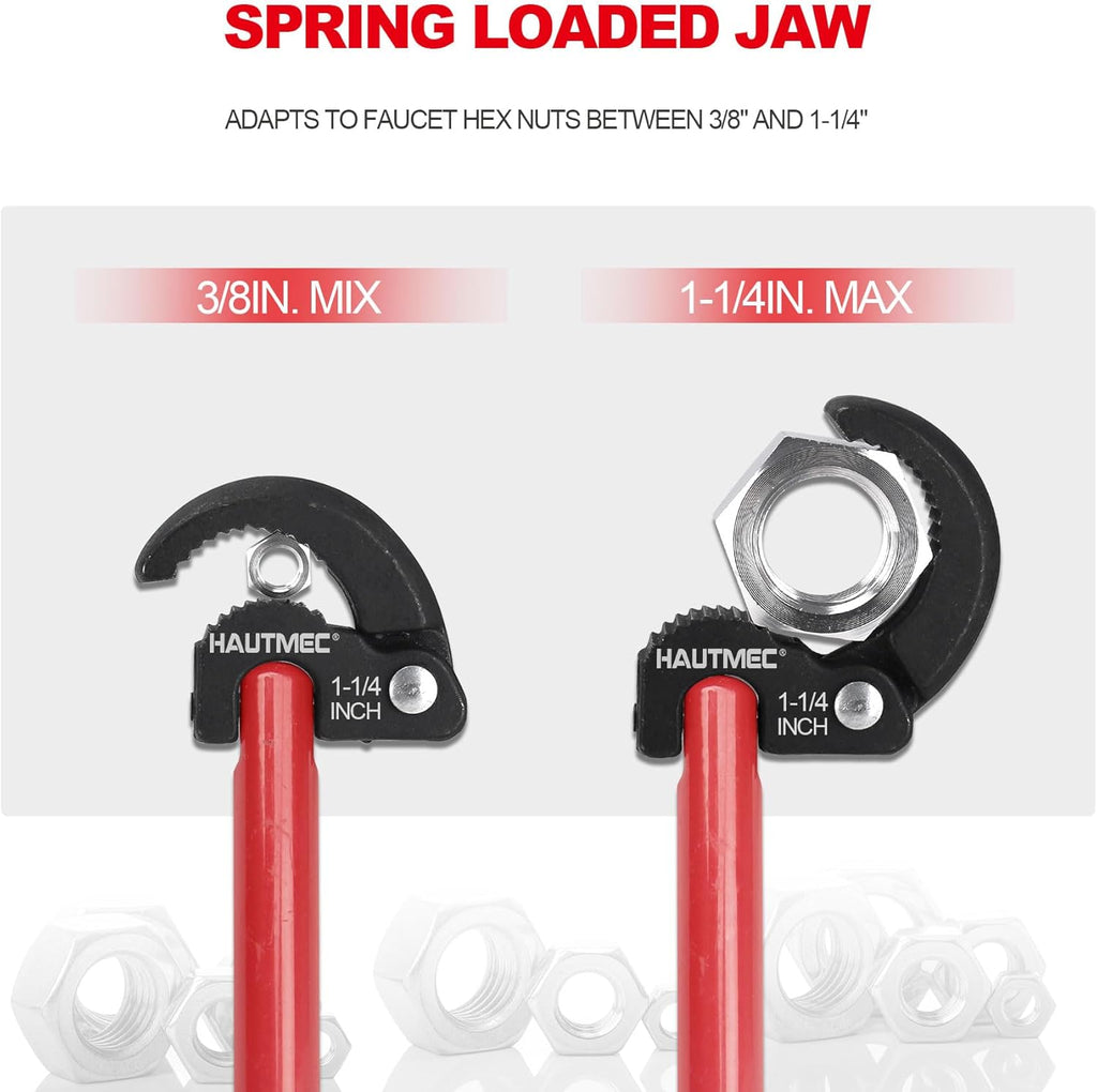 HAUTMEC 11-Inch Pro Basin Wrench Sink Faucet Wrench for Tight Spaces with Adjustable 3/8'' to 1-1/4'' Capacity Plumber Wrenches for Faucet Hex Nuts under Sink HT0261-PL(Red)