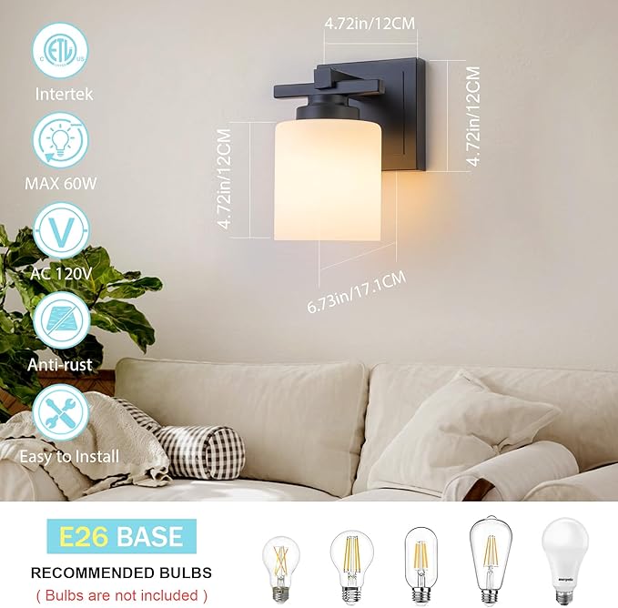 1 Light Modern Bathroom Light Fixtures Over Mirror, Black Vanity Lights for Bathroom Wall Sconces with Milky White Glass Shades, E26 Socket (Bulbs Not Included)