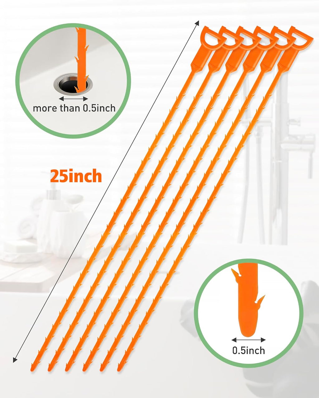 Drain Clog Remover, 25-Inch Drain Hair Removal Tool, Drain Hair Remover Plumbing Snake, Drain Cleaner Hair Clog Remover, Shower Drain Hair Catcher, Easy & Quik to Use on Most Drains - 6 Pack