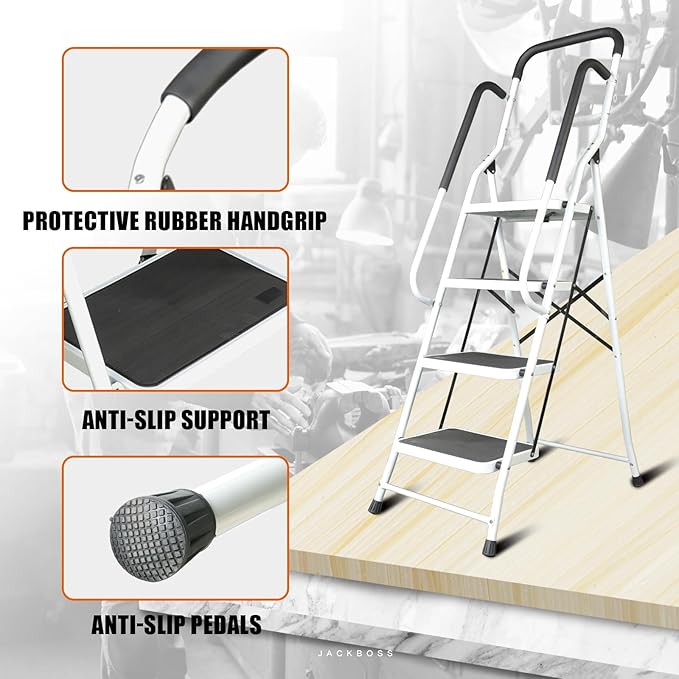 4 Step Ladder, Folding Lightweight Step Stool with Handrails and Wide Anti-Slip Pedal for Home, Office, Kitchen and Garage, Service Height 37.8 inch, 400 lbs Capacity