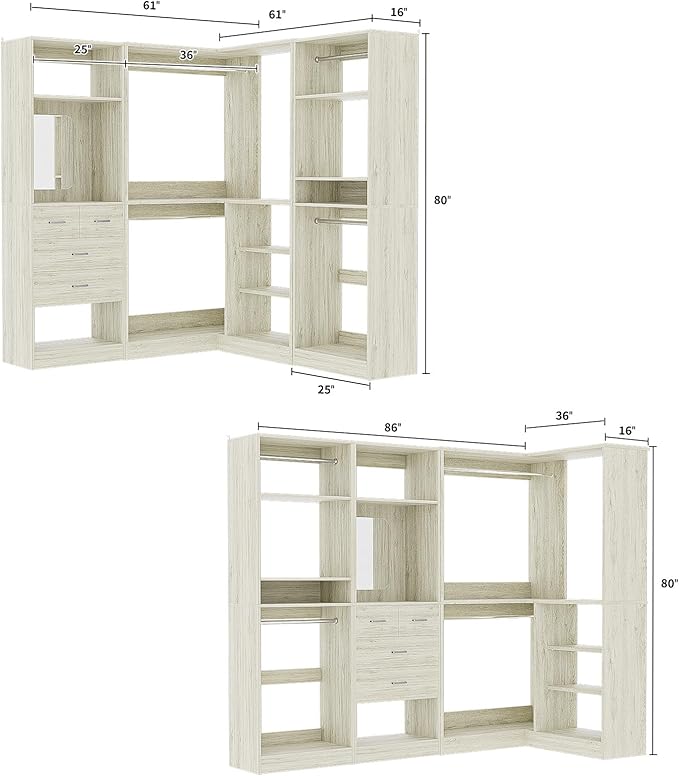 Unikito 86 Inch Closet System, 3 Sets Corner Closets Organizer with Hanging Rods and Mirror Design, Freestanding Adjustable Wood Clothes Garment Rack with Drawers, Sturdy Walk in Closet Kit, White Oak