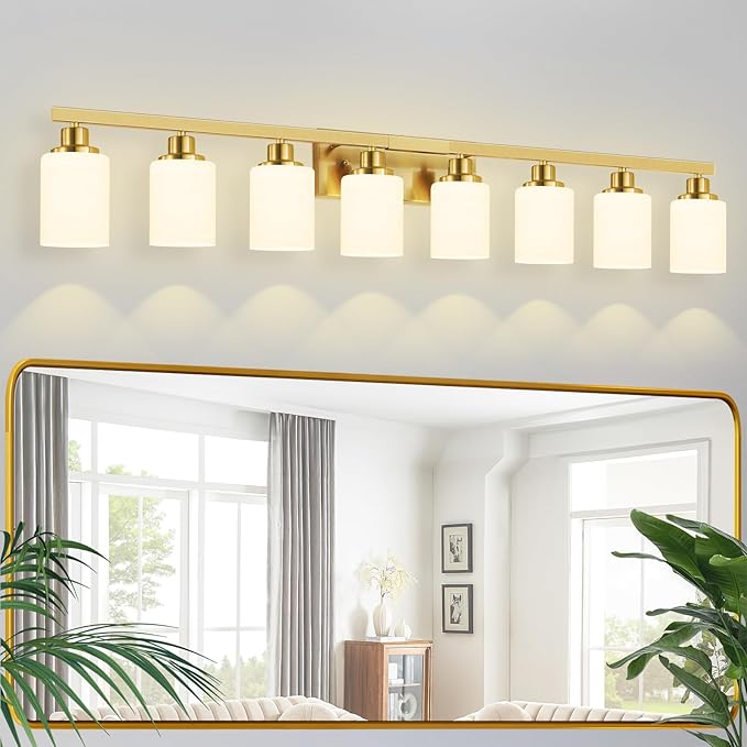 52inch Gold Bathroom Light Fixtures, Modern Bathroom Vanity Light with Milky White Glass Shade, Gold Wall Lamp Sconces for Mirror Bedroom, Living Room Hallway
