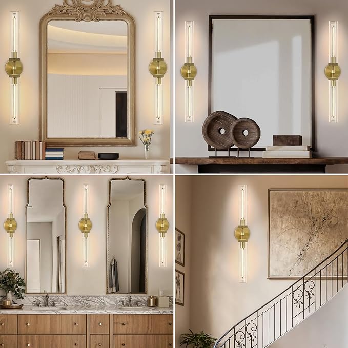 Brass Hardwired Wall Sconces, 30" Bathroom Wall Sconce, Gold Wall Sconce Double Lights , 30" Knurled Linear Wall Light, Sconces Wall Lighting Glass, Vanity Light for Bathroom, Living Room, Bedroom