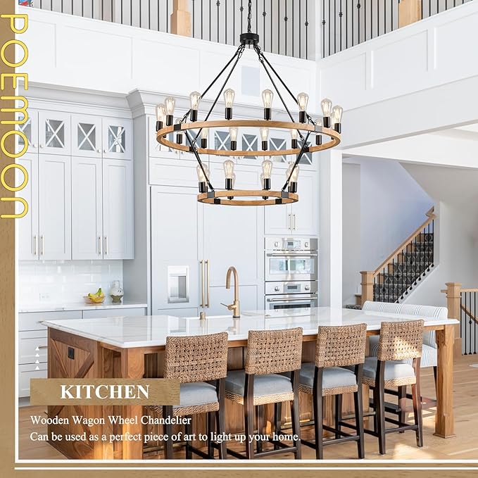 24-Light 2 Tiers Farmhouse Wooden Wagon Wheel Chandelier, 43.3'' Black Metal Round Chandeliers 2-Story Natural Rustic Light Fixtures for High Ceiling Living Dining Room Foyer Villa