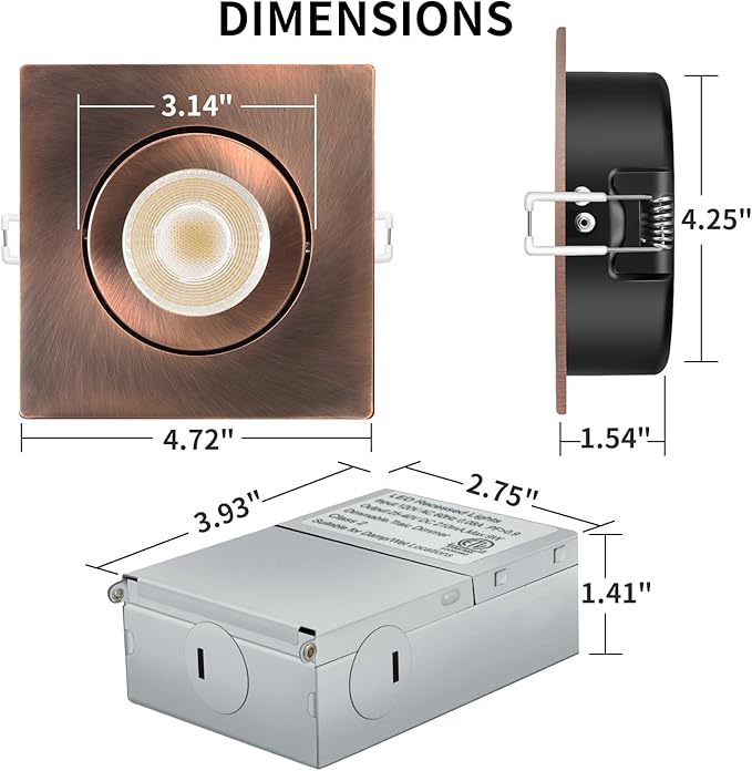 Bronze Recessed Lights Square 4 inch 6 Pack, Gimbal Gimbal Recessed Lights,dimmable, 5CCT Selectable,9W 750LM