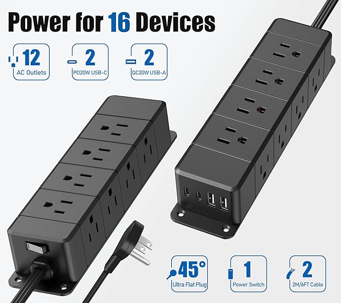40W Fast Charging Under Desk Power Strip with Switch,12 Outlet Mountable Power Strip with 4 USB,1200J Surge Protection,6FT Flat Extension Cord Black