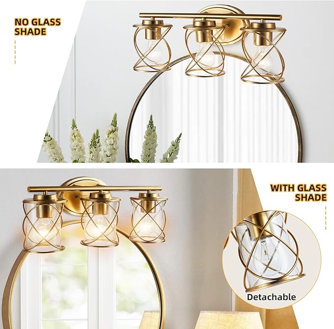 mavcadonf 3-Lights Bathroom Vanity Lights, Bathroom Light Fixtures Over Mirror, Brushed Gold Vanity Light, Farmhouse Wall Lights with Clear Glass Shade, Bathroom Wall Lamp for Mirror Kitchen Bedroom