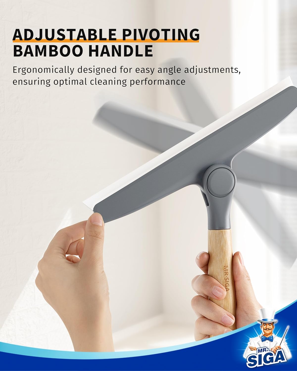 MR.SIGA All Purpose Silicone Squeegee for Shower Door, Mirror, Glass, Streak Free Shower Squeegee, Pivoting Bamboo Handle, Includes 1 Suction Hook, 10 inch Wide, Gray, 1 Pack